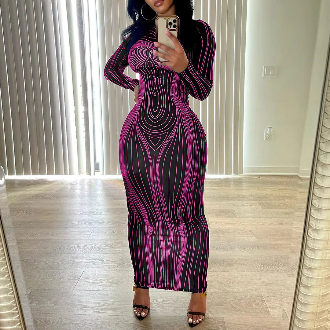 "Women's Long Sleeve Printed Slim Fit Sheath Dress"