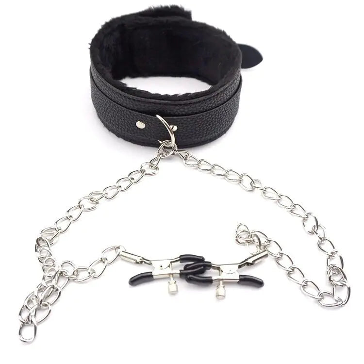 BDSM Leather Collar & Nipple Clamps Set
