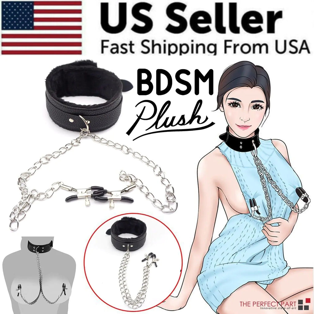 BDSM Leather Collar & Nipple Clamps Set