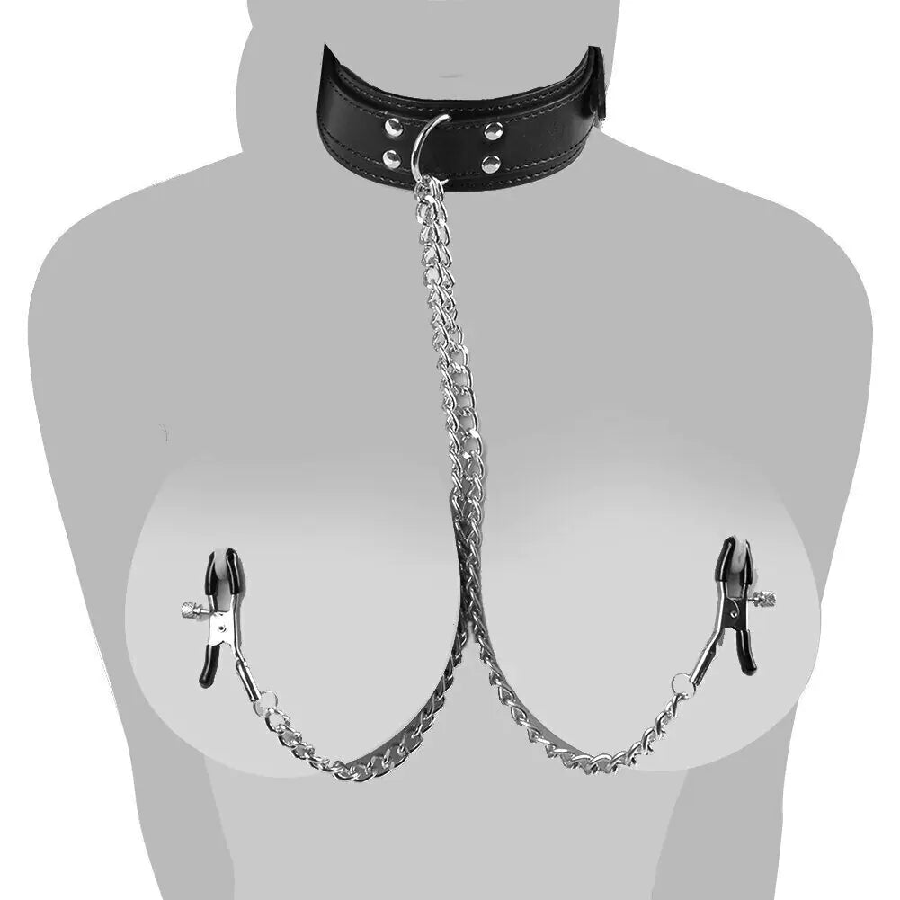 BDSM Leather Collar & Nipple Clamps Set
