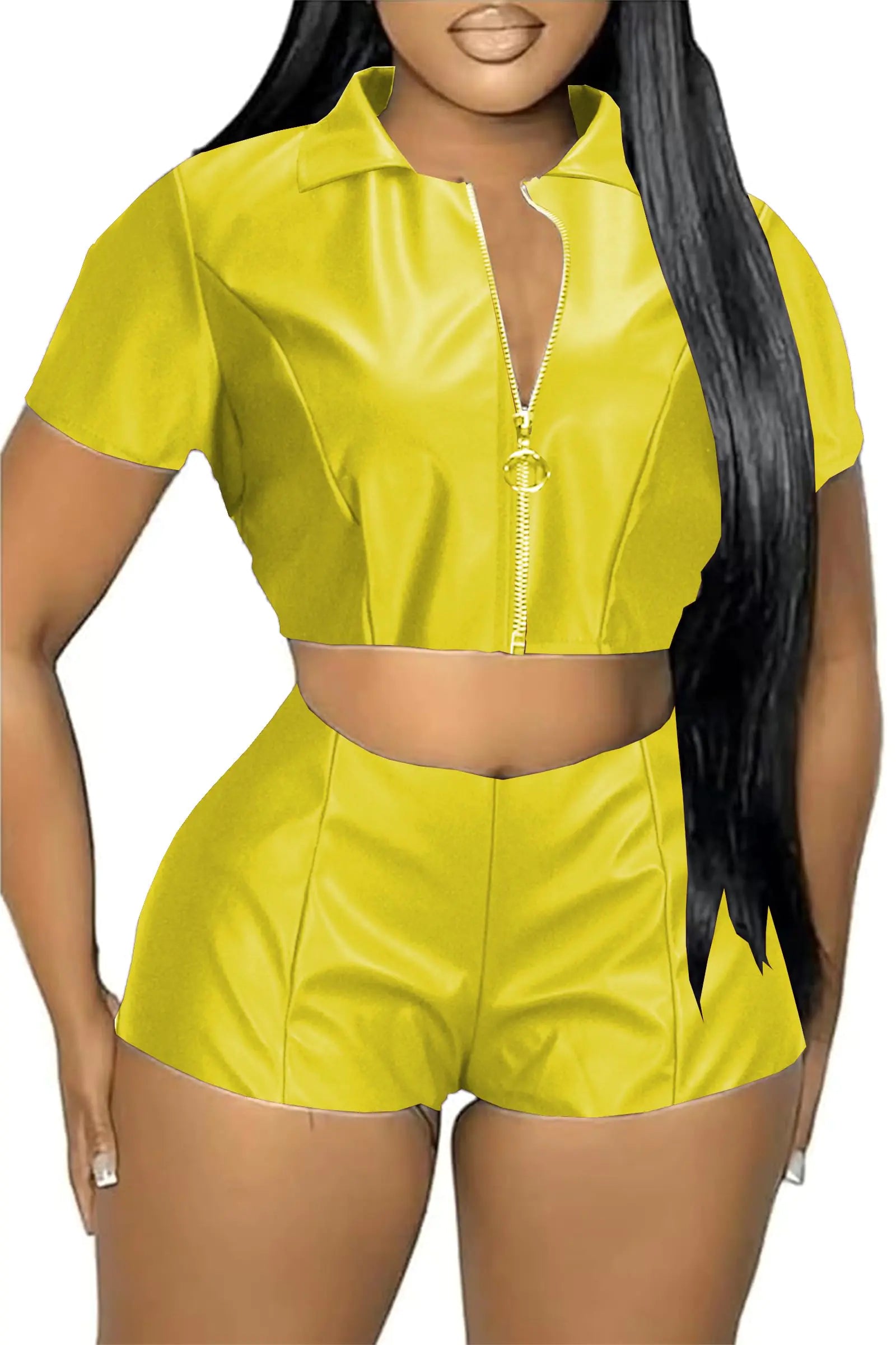 ERCKE Two Piece Leather Shorts Sets for Women Clubwear Faux Pu Short Sleeve Zipper Crop Top and Shorts