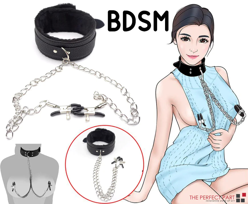 BDSM Leather Collar & Nipple Clamps Set