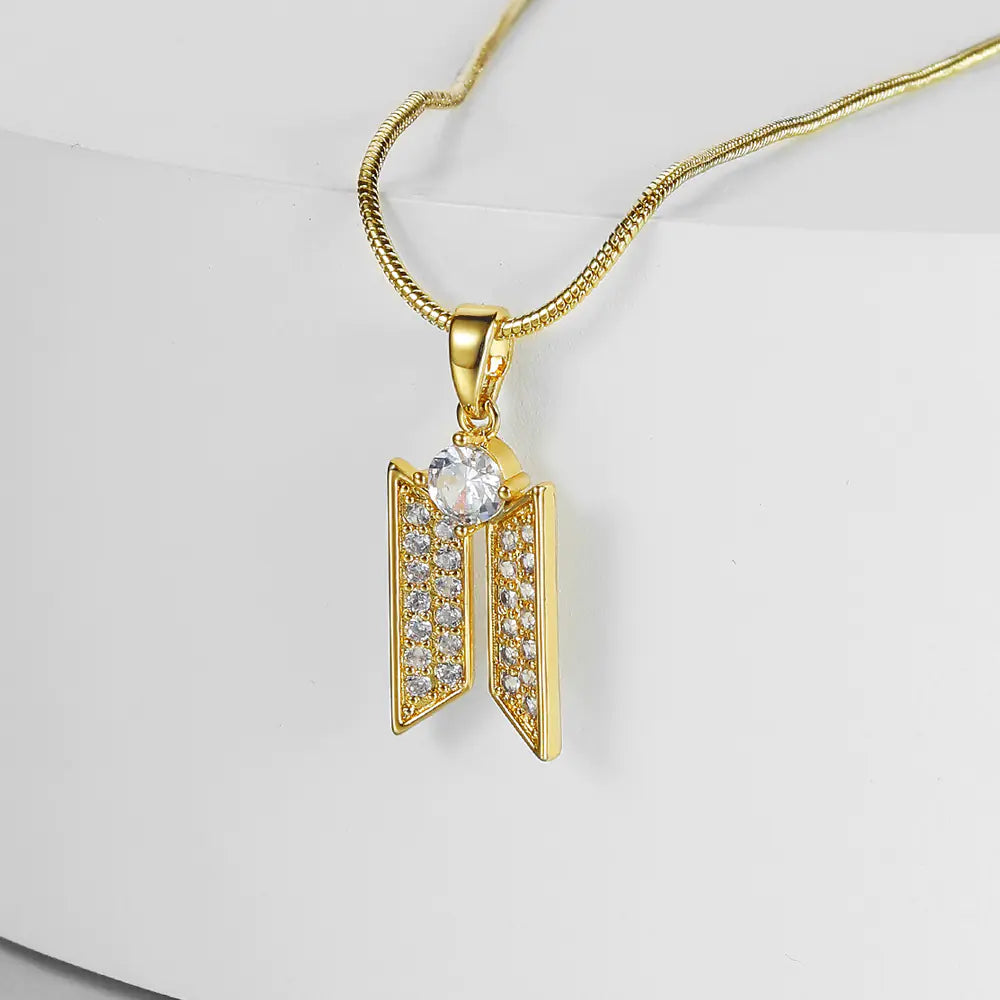 Geometric Copper Pendant Necklace with Zirconia Stones