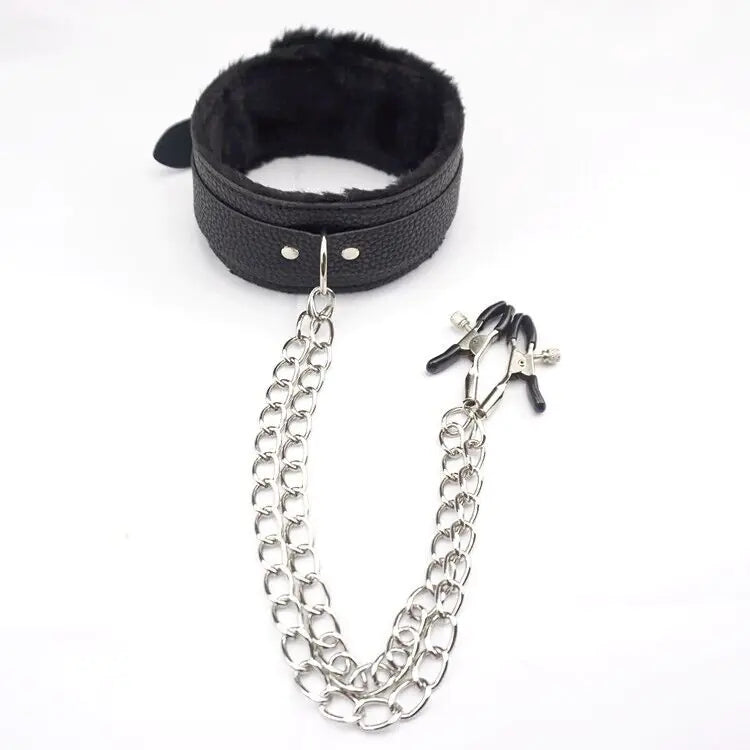 BDSM Leather Collar & Nipple Clamps Set